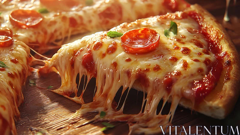 Cheese-laden pepperoni pizza slice stretches with molten strands