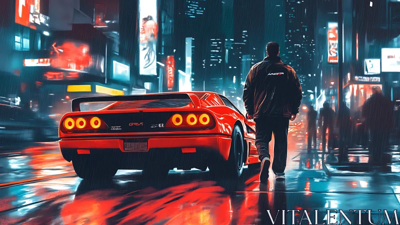 Red sports car and lone figure stand in wet neon city street