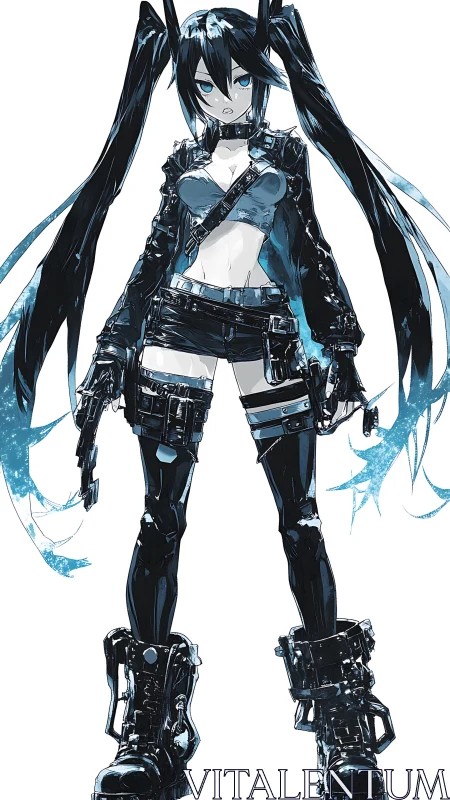 Cyberpunk warrior girl stands defiant in monochrome blaze