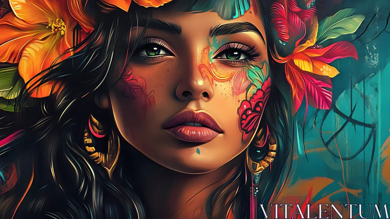Vivid floral portrait with surreal painted face and gaze.