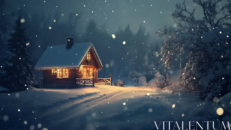 Snowy forest cabin glows with warm winter night lights.