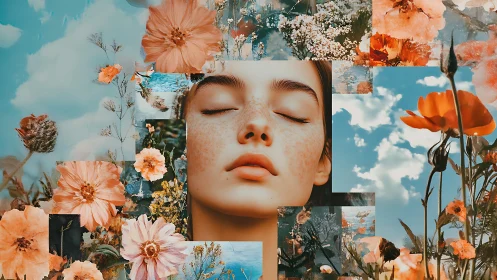 Freckled portrait integrated with floral sky collage geometry.