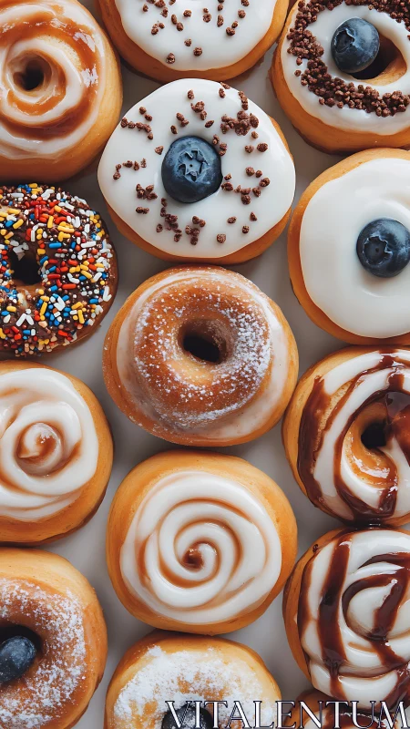 Top-down grid of assorted glazed donuts with varied toppings