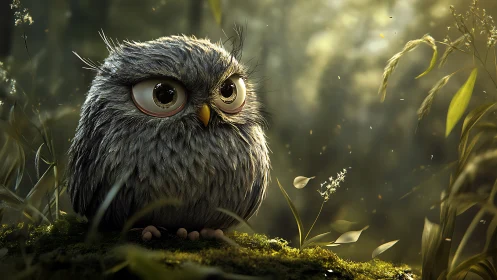 Adorable fluffy owl in enchanted forest, digital art style.