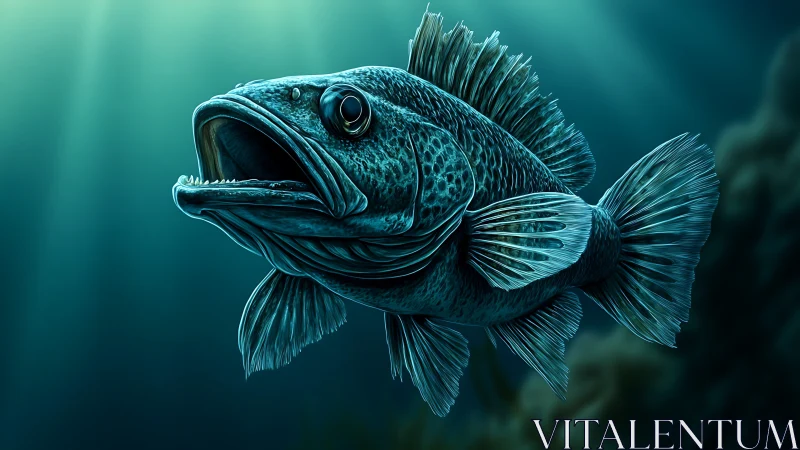 Blue deep-sea fish portrait with open mouth and fin detail