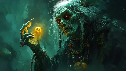 Elderly necromancer holding glowing skull charm in misty void.