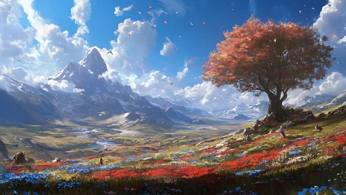 Vast alpine valley unfolds beneath a solitary scarlet tree
