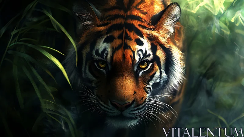 Tiger eyes carve molten pathways through jungle shadow