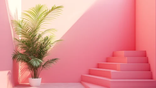 Tropical palm in pink architectural stairwell lighting study.