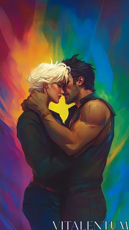 Digital Portrait of Intimate Male-Male Couple Against Chromatic Light Gradient