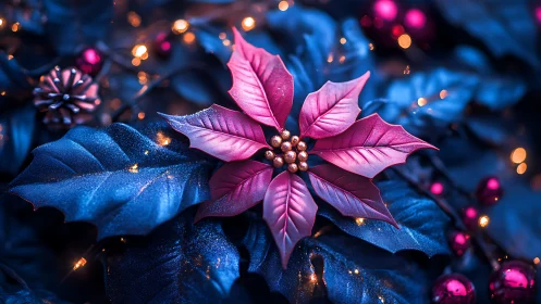 Macro study of illuminated poinsettia with cool bokeh contrast