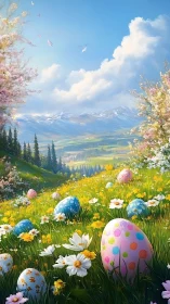 Digital pastoral Easter meadow with blossoms and eggscape panorama.