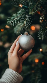 Hand positions silver ornament beneath lit evergreen branch