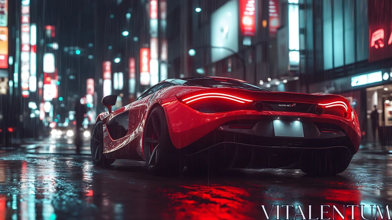 Midnight red supercar glowing through a rainy neon city.
