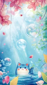 Anime aquatic kitten in pastel forest light with floating bubbles.