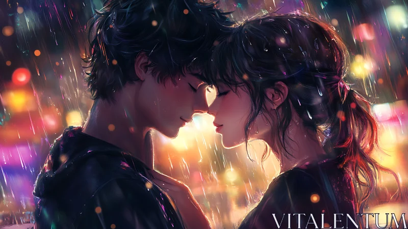 Rainlit lovers breathing in neon hush between heartbeats.