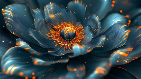 Parametric teal blossom with luminous orange particulate filaments.