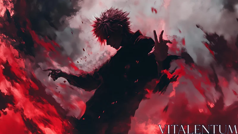 Silhouetted figure stands amid red and gray digital clouds