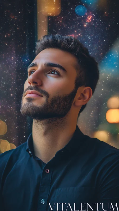 Man looks upward against digitally composited star field