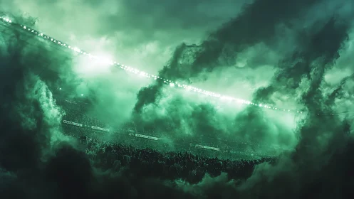 Emerald smoke swirls above stadium crowd under bright floodlights.