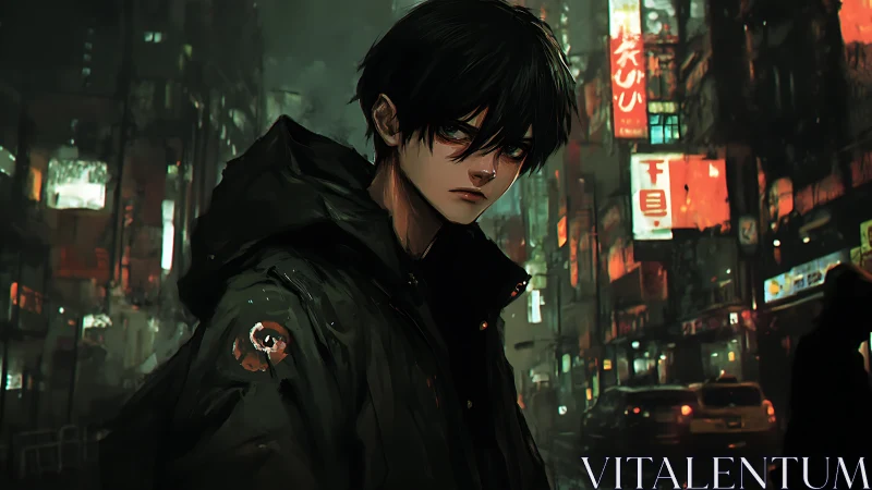 Dark haired youth stands in neon lit urban night street