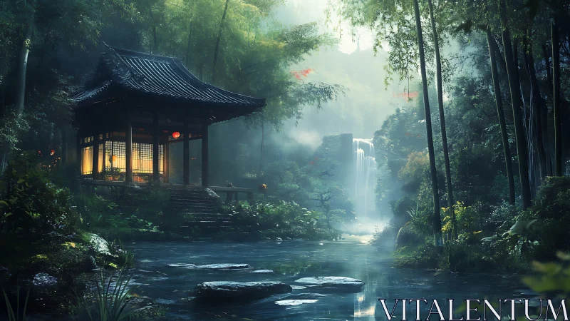 Cozy lantern-lit forest pavilion beside a misty waterfall.