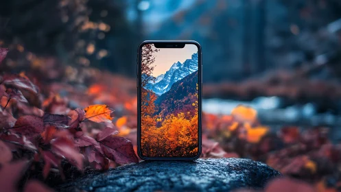 Smartphone framing autumn forest and distant mountains.