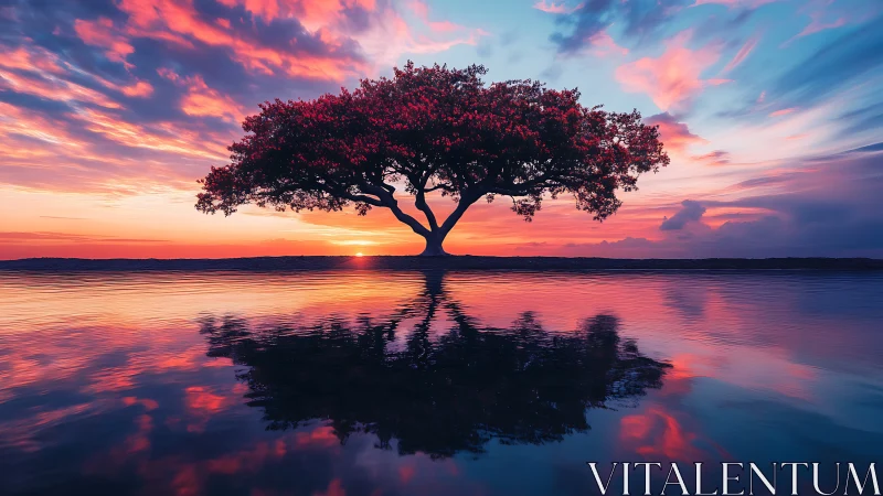 Solitary shoreline tree soaking in a dreamy sunset glow.