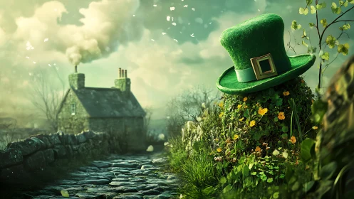 Runaway leprechaun hat guarding a mossy cottage lane.