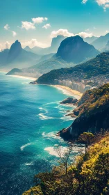 Tropical coastline curves below steep forested mountains