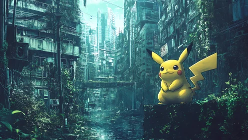 Pikachu in overgrown post-apocalyptic neo-urban ruinscape