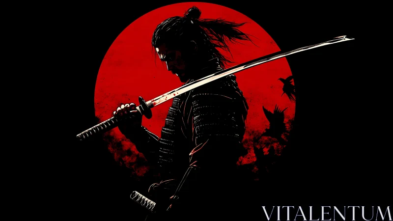 Silhouetted Samurai Before Red Sun Disc, High-Contrast Poster Art.