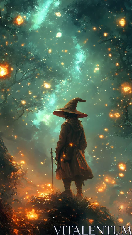 Solitary mage observing bioluminescent forest fireflies.