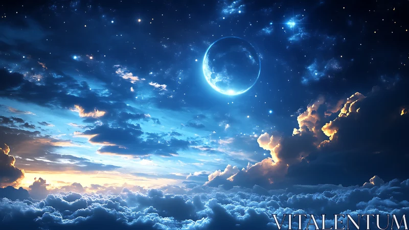Luminous crescent moon above volumetric cloudscape in deep blue