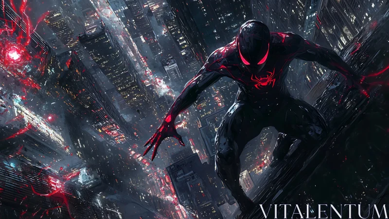 Night hero crouches over neon city in sleek red black suit