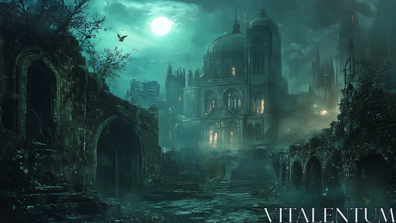 Moonlit gothic cathedral amid crumbling haunted ruins.