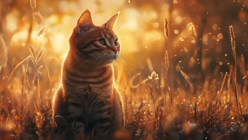 Cat in Golden Wheat Field at Sunset.