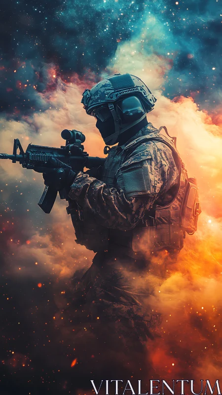 Futuristic tactical soldier in nebula smoke with rifle profile.