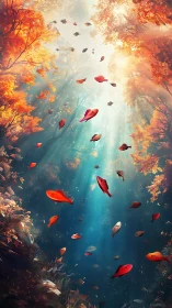 Fish-shaped leaves descend through forest-lit water column