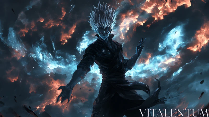 White haired sorcerer commands stormfire in a dark sky