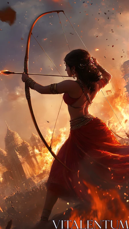 Warrior archer poised against blazing temple skyline.