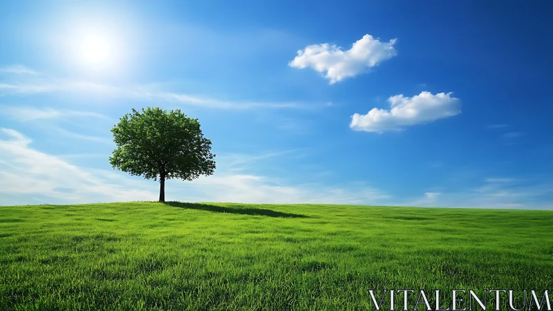 Single green tree on sunny grassy hill under blue sky.
