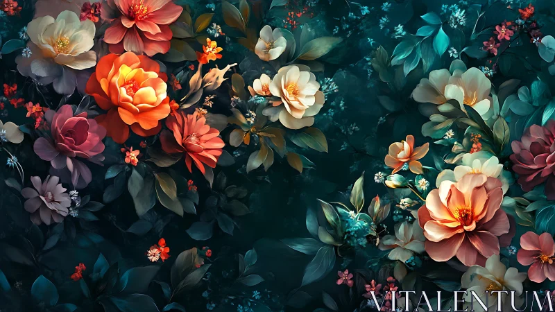 Layered floral composition with warm and cool tones against dark background.