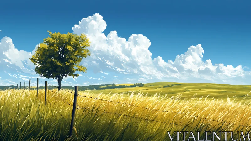 Wind-blown grassland, barbed fence and cumulus bank panorama.