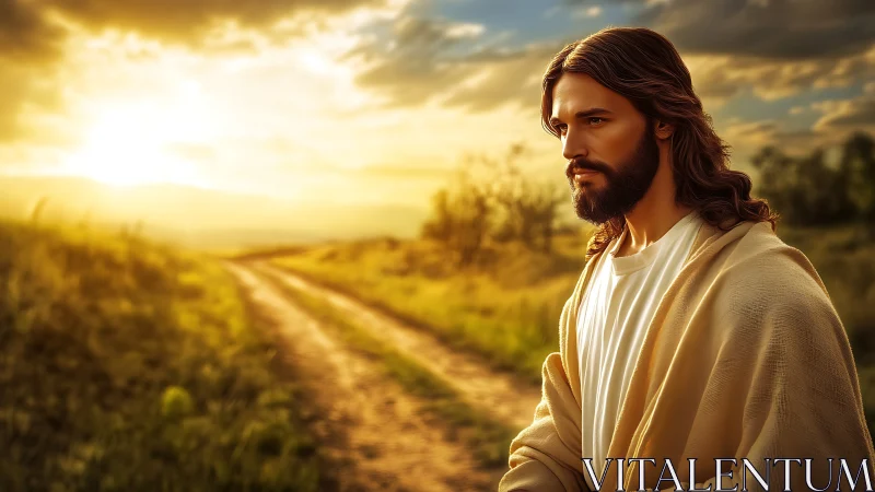 Sunlit wanderer on the dusty road of quiet devotion.