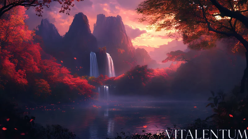 Enchanted crimson forest valley with cascading waterfalls at dusk.