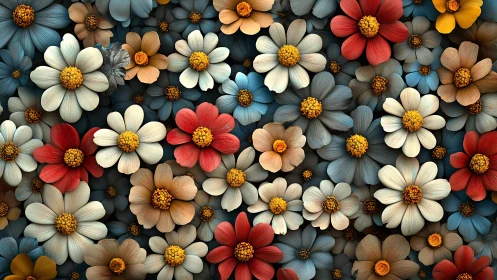 Dense digital field of layered multicolored daisy blooms