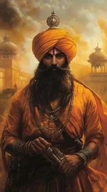 Portrait shows turbaned warrior in orange robes before fort walls