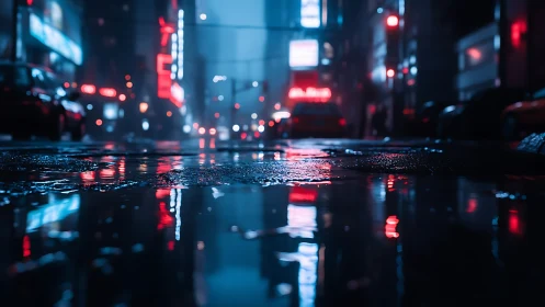 Moody neon city street glows in rain soaked reflections.