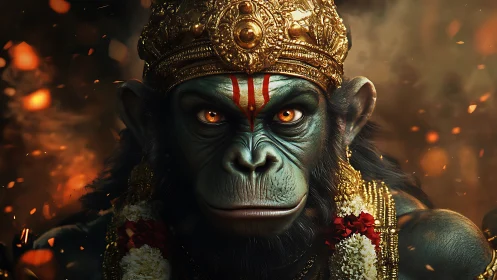 High-detail simian deity portrait with ornate gold crown and embers